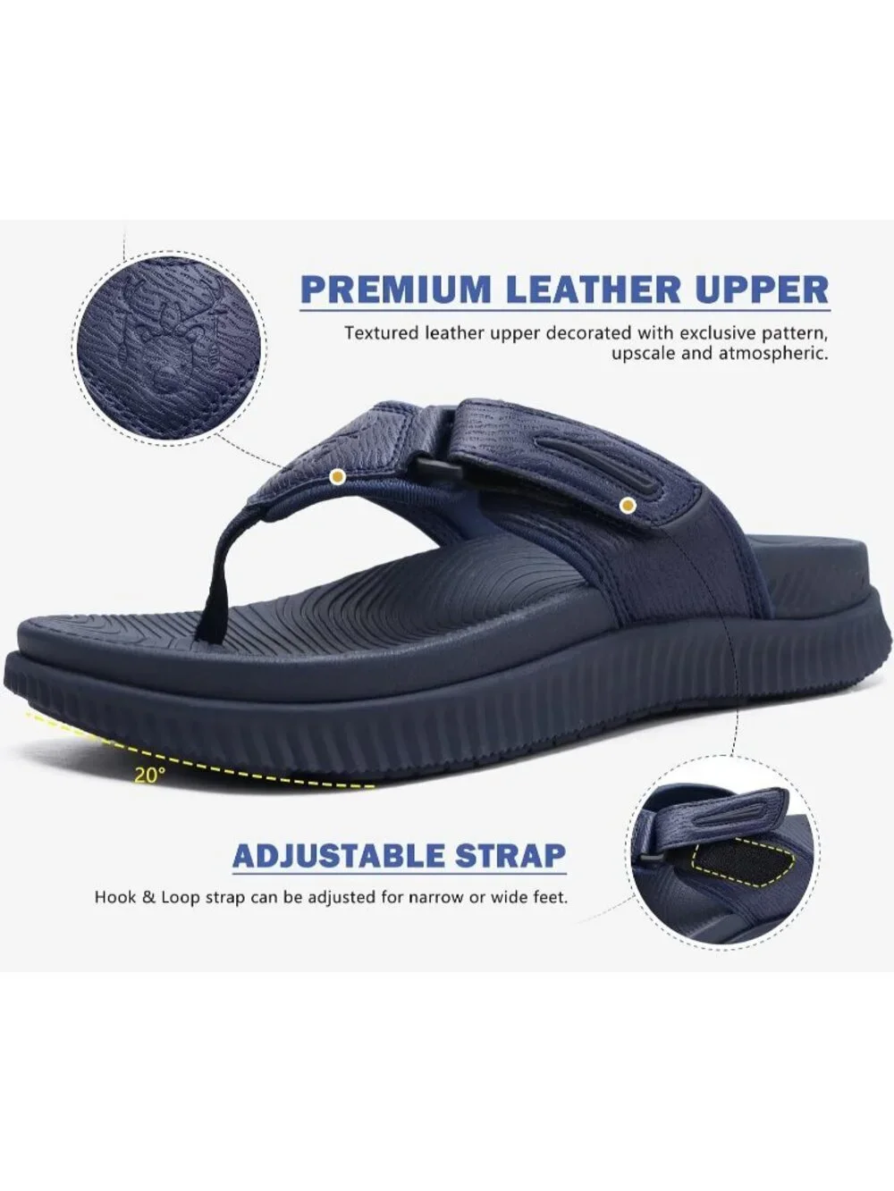 Men Dark Blue Adjustable Thick Athletic Cushion Orthotic Flip Flops Sandal Shoes